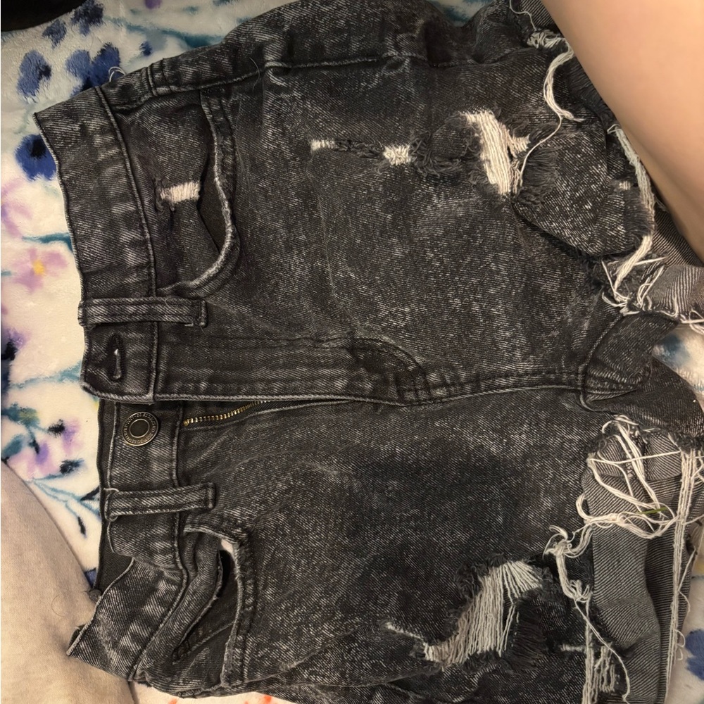Distressed Black Denim Shorts
